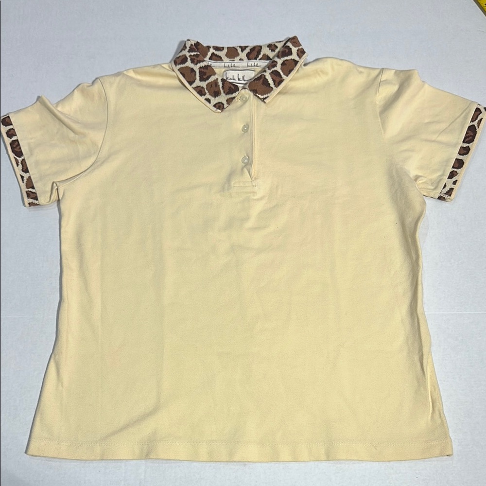 Nicole Miller Yellow Polo Shirt with Leopard/Giraffe Print Accents